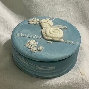 Vtg 1974 Design Gifts Jasperware Trinket Box USA Made 3.5" x 1.5" Snail Appliqué
